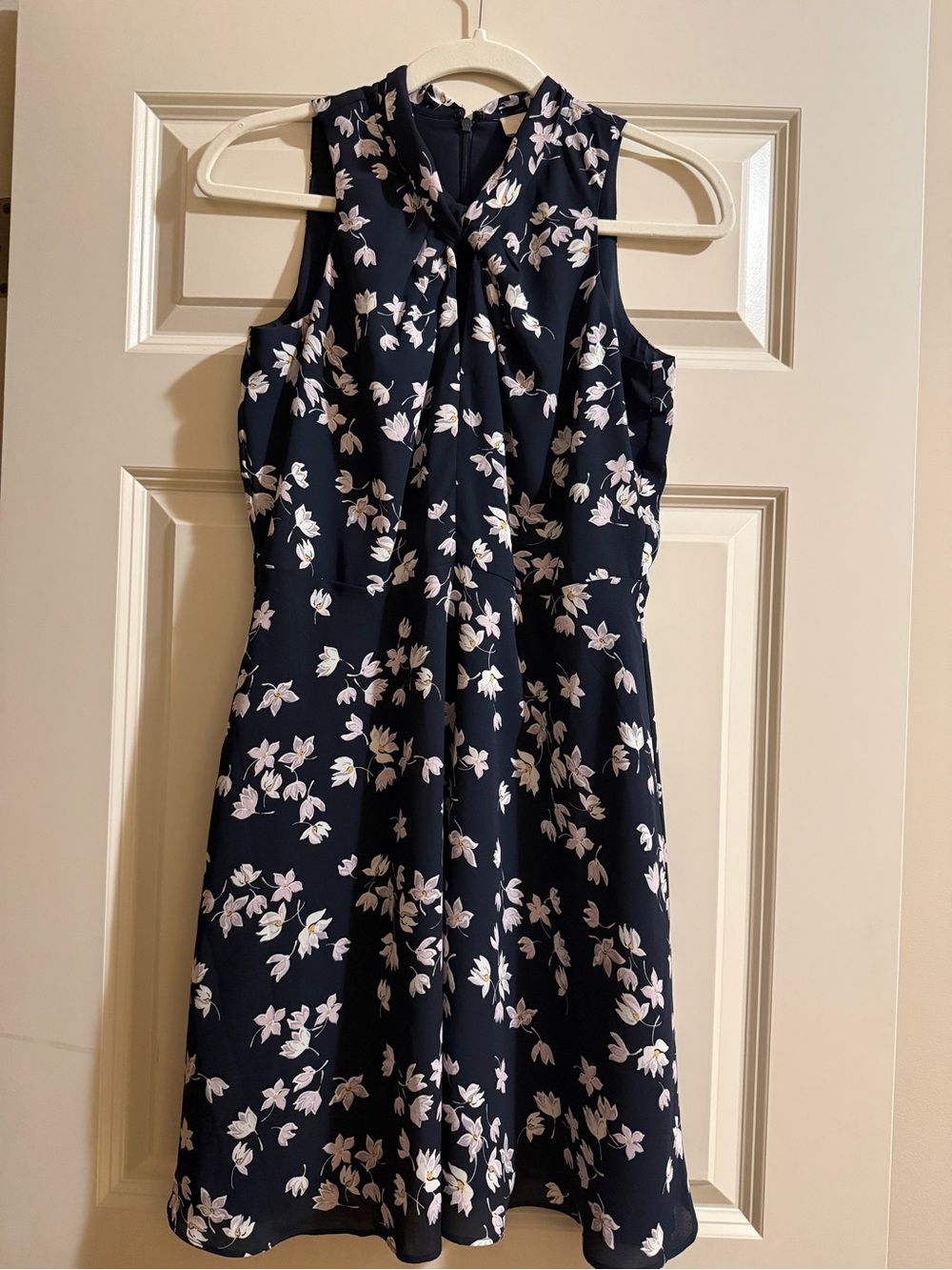 LOFT Navy Sleeveless Floral Tie-Neck Mini Dress